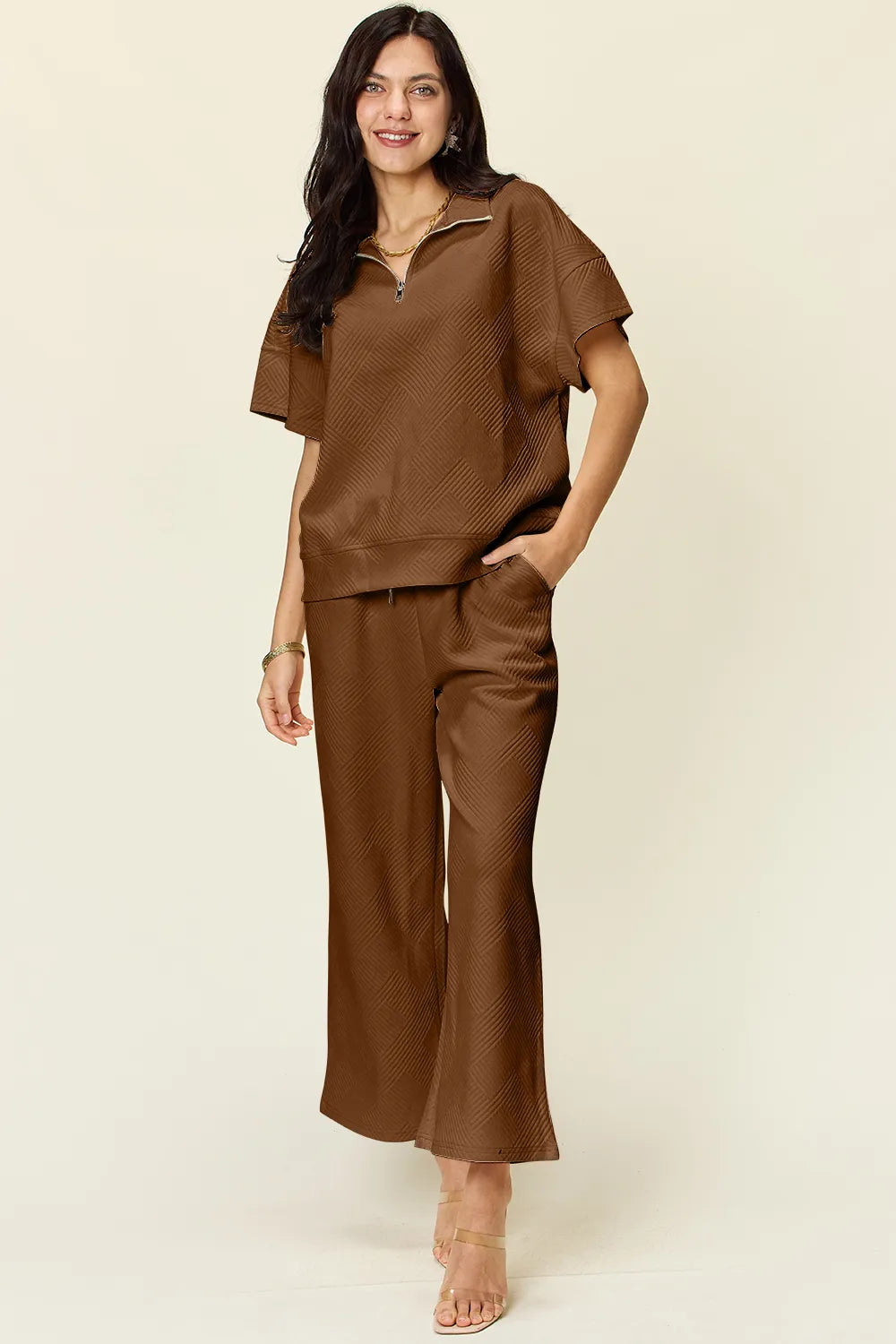 Double Take Full Size Texture Half Zip Short Sleeve Top and Pants Set Mocha M