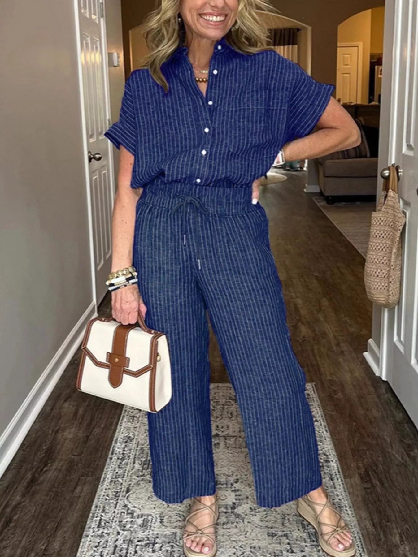 Striped Button-Up Shirt With Wide Leg Pants Navy XS