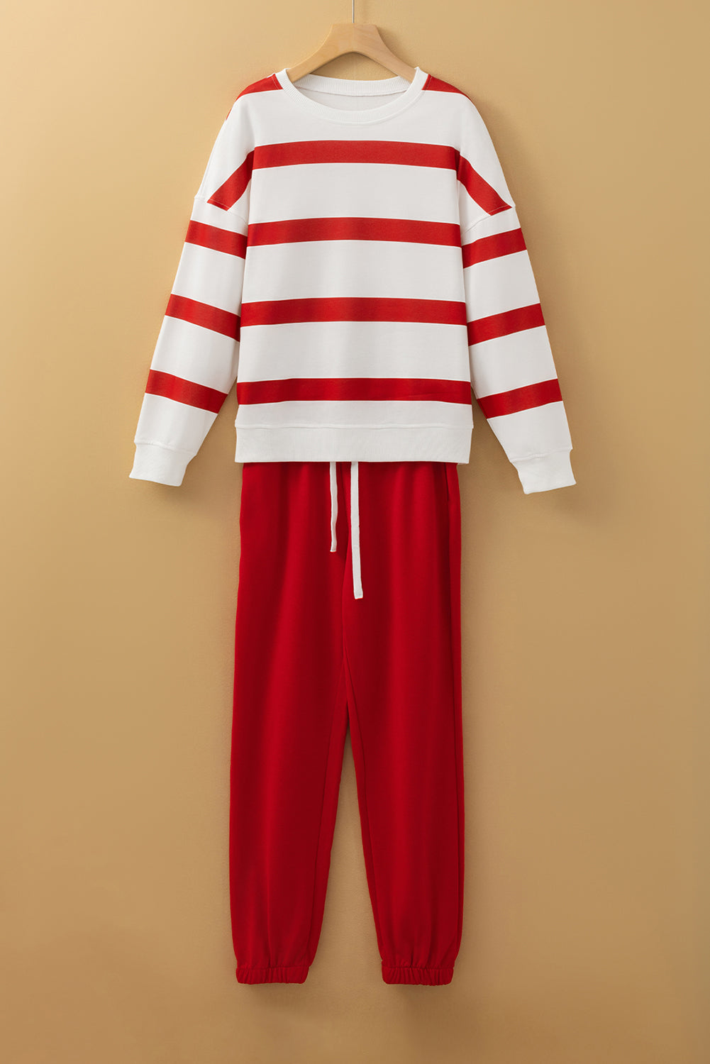 Red Stripe Drop Shoulder Pullover and Jogger Pants Set Red Stripe S 100%Polyester