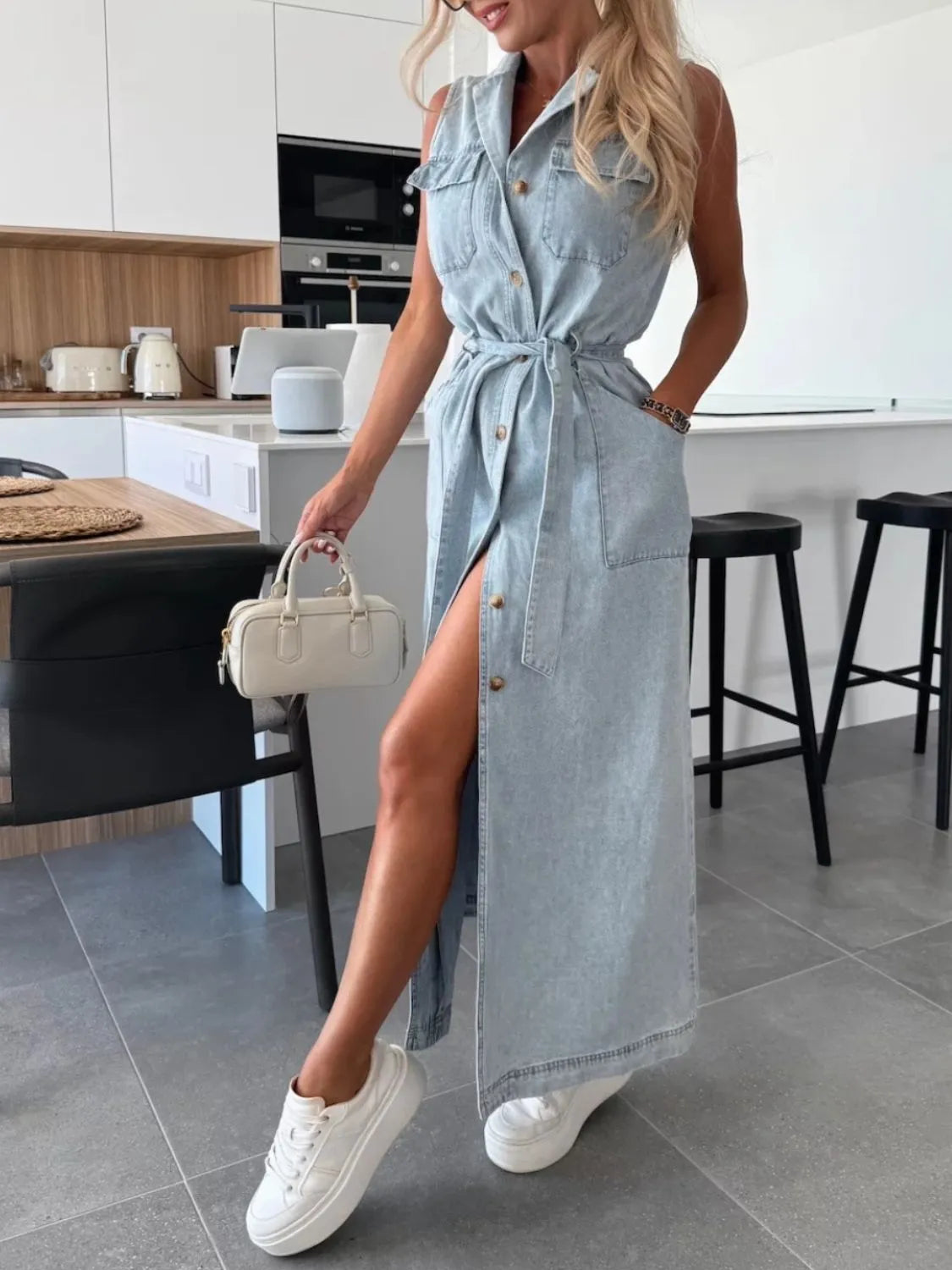 Button Front Sleeveless Denim Dress Light Blue S