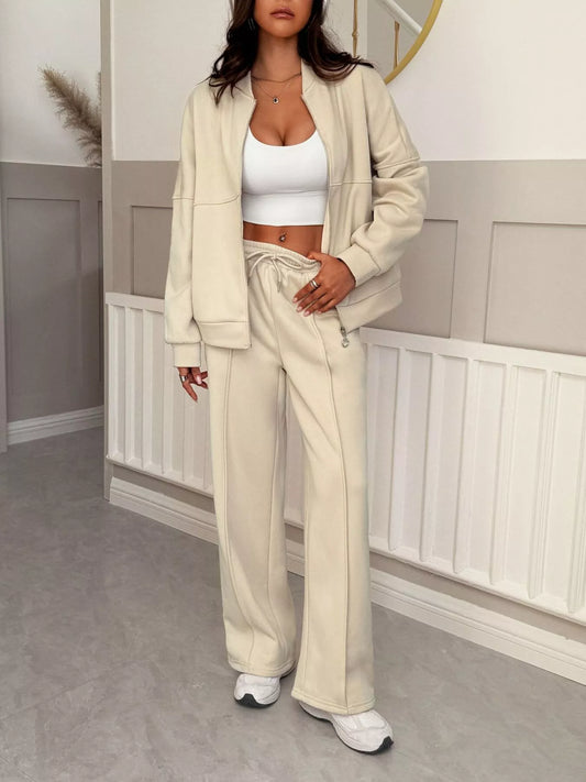 Casual Zipper Front Top and Wide Leg Pants Set