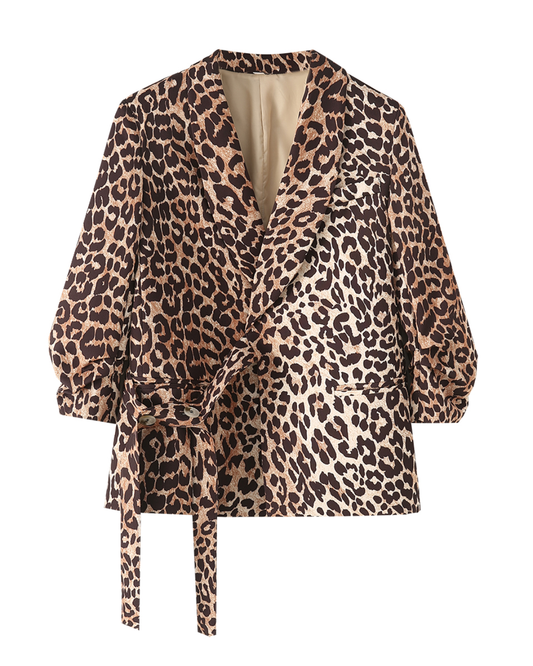 Leopard Cuff Pleated Long Sleeved Blazer Leopard XS