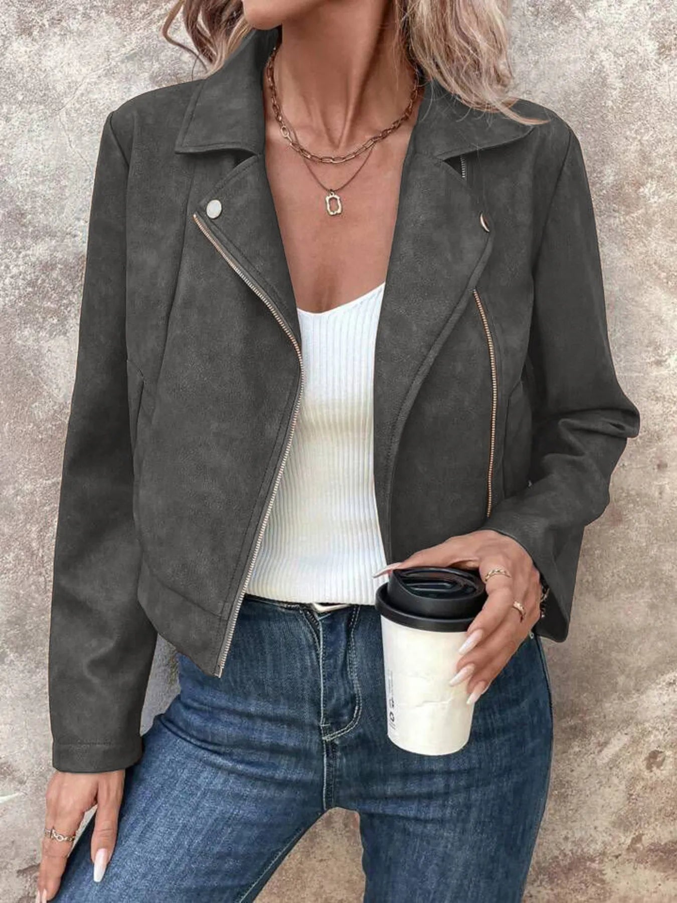 Zip Up Suede Cropped Moto Jacket Dark Gray S