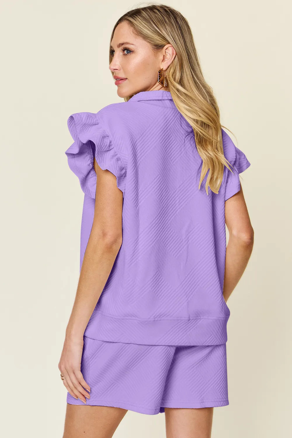 Texture Flounce Sleeve Top and Drawstring Shorts