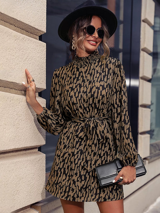Printed Tie Waist Long Sleeve Dress Taupe S