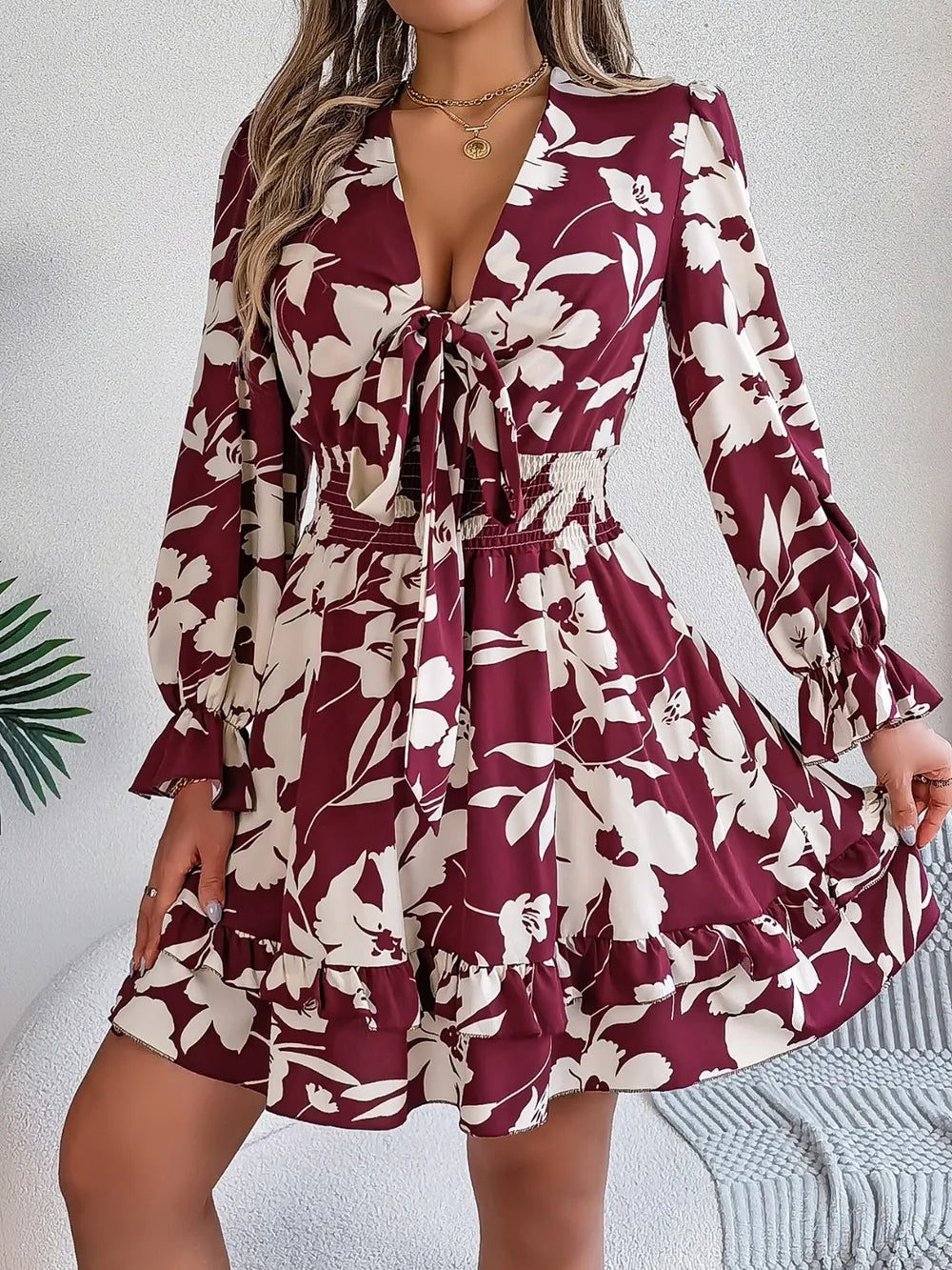 Tied Ruffled Printed Long Sleeve Dress Burgundy M