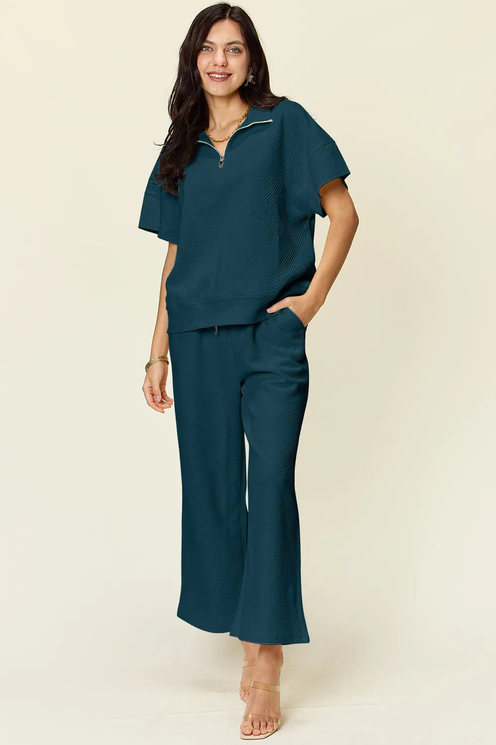 Double Take Full Size Texture Half Zip Short Sleeve Top and Pants Set Deep Teal XL