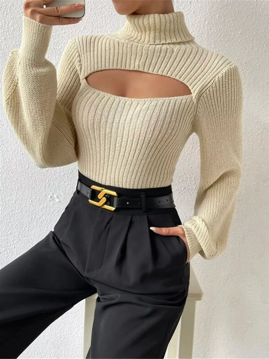 Cutout Front Turtleneck Long Sleeve Sweater Beige S