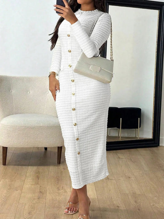 Textured Long Sleeve Midi Dress White S