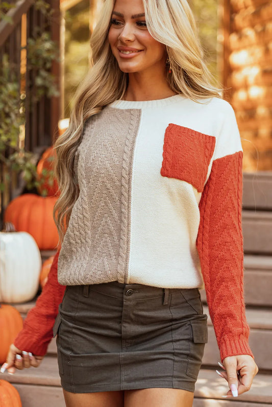 Color Block Round Neck Long Sleeve Sweater Orange S