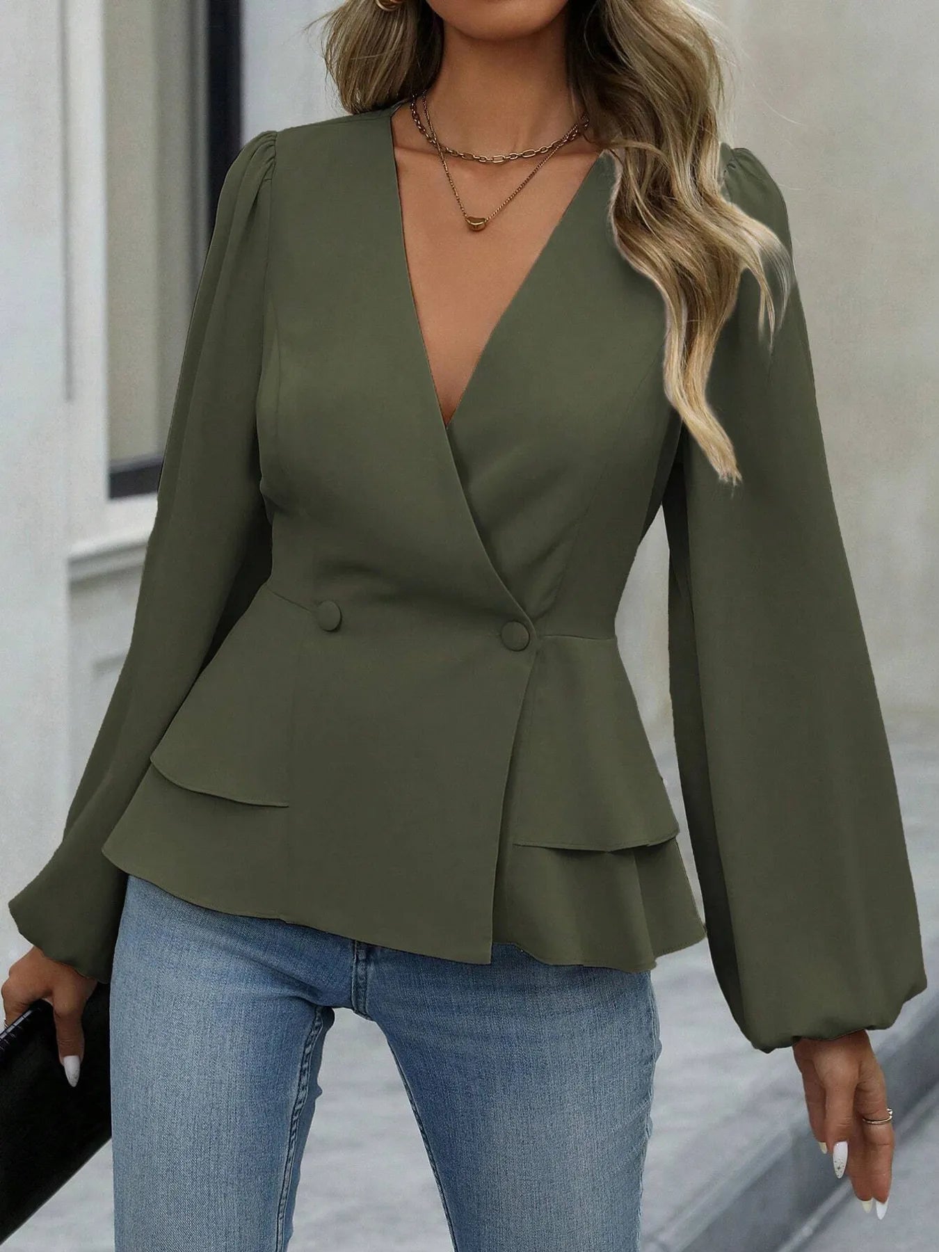 Surplice Balloon Sleeve Blouse Army Green S
