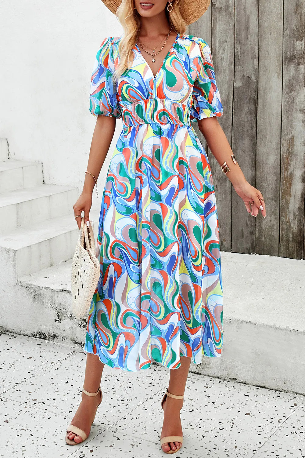 Devine Smocked Printed V-Neck Short Sleeve Dress Multicolor S