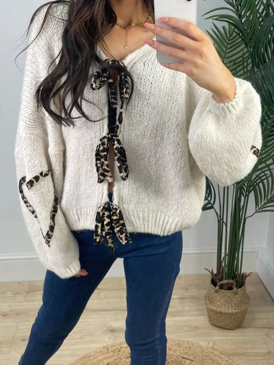 Tie Front Long Sleeve Sweater Ivory White S