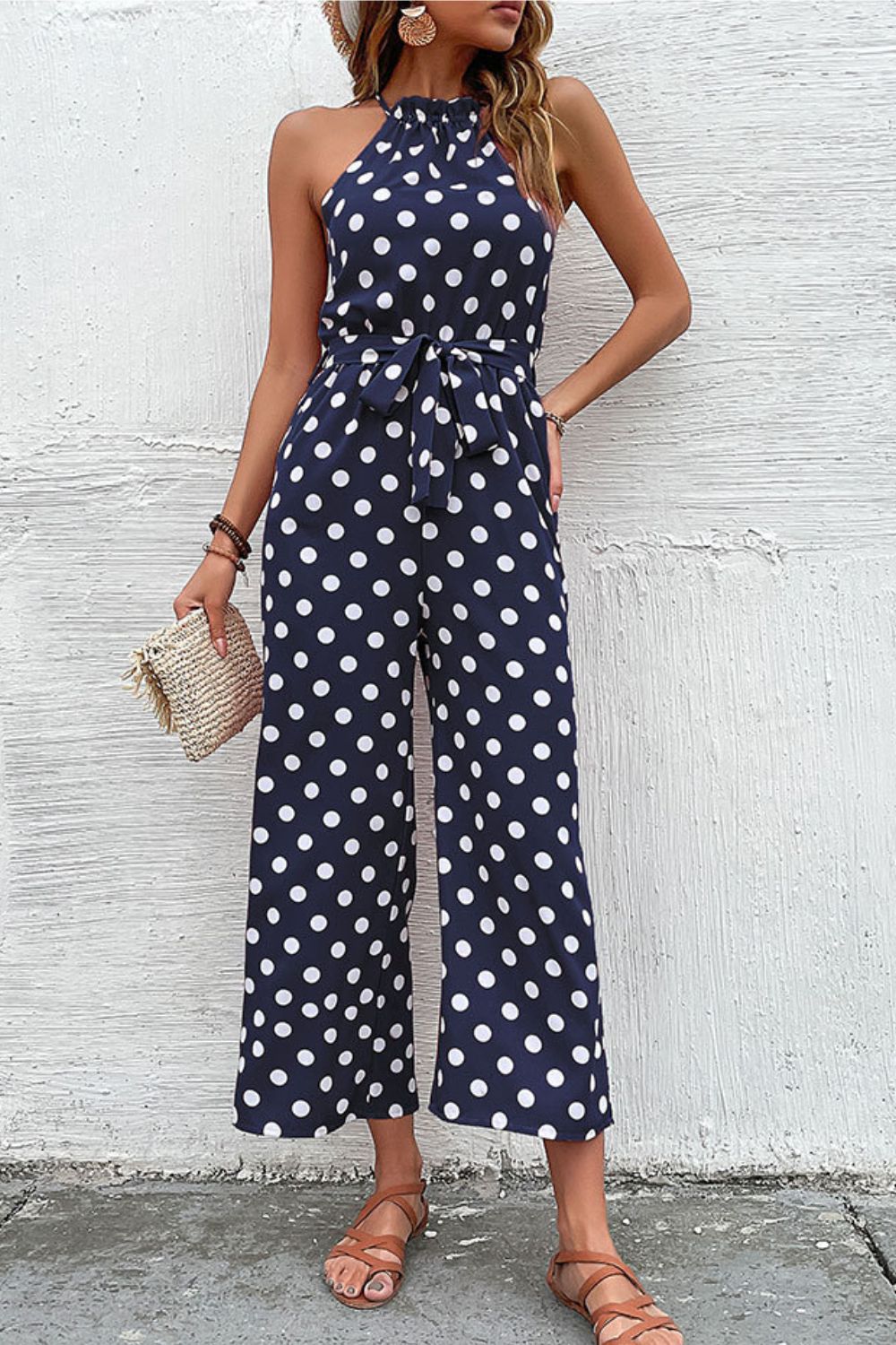 Perfee Polka Dot Grecian Wide Leg Jumpsuit Navy M