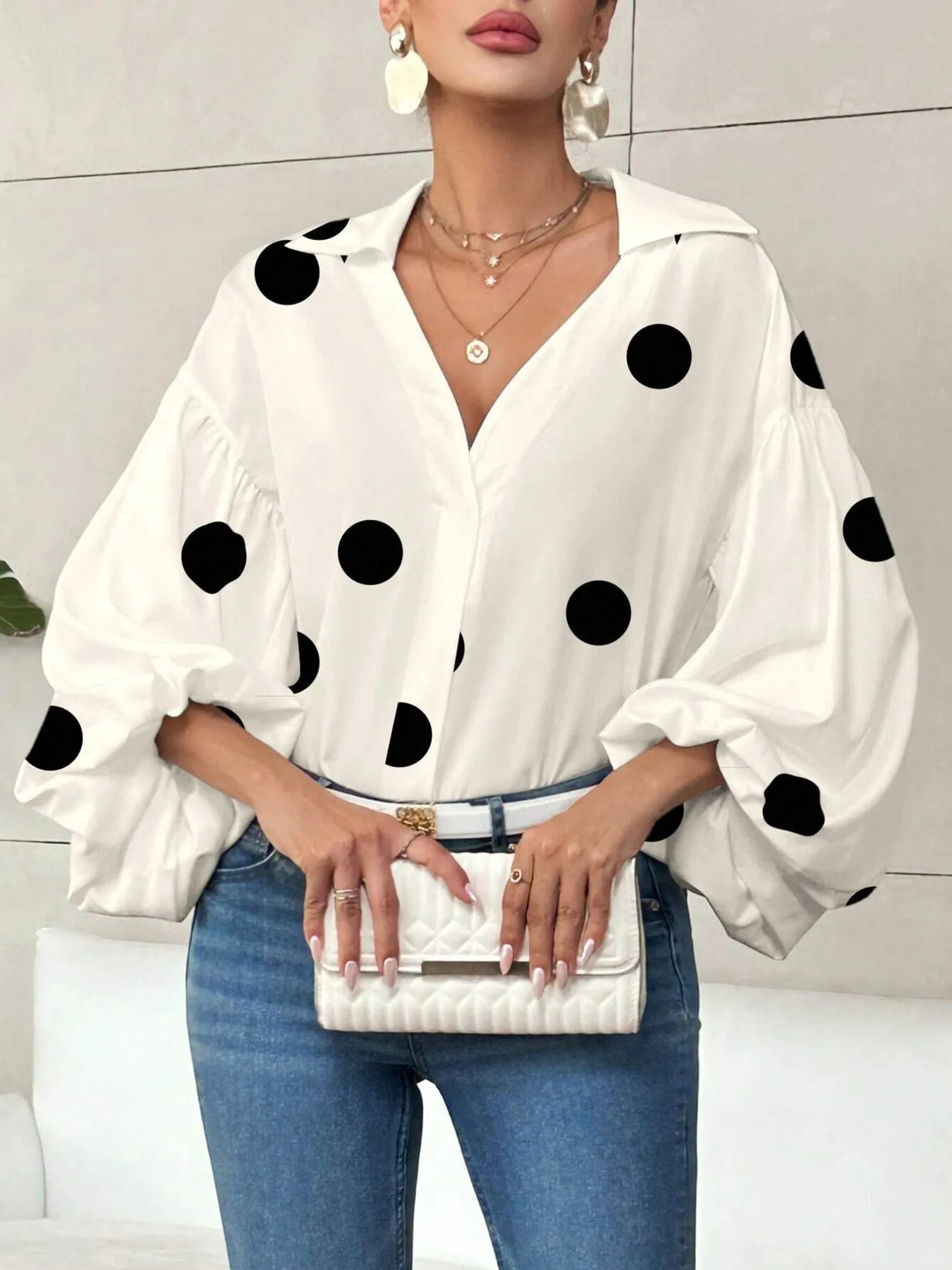 Polka Dot Balloon Sleeve Blouse Apricot Polka Dots S