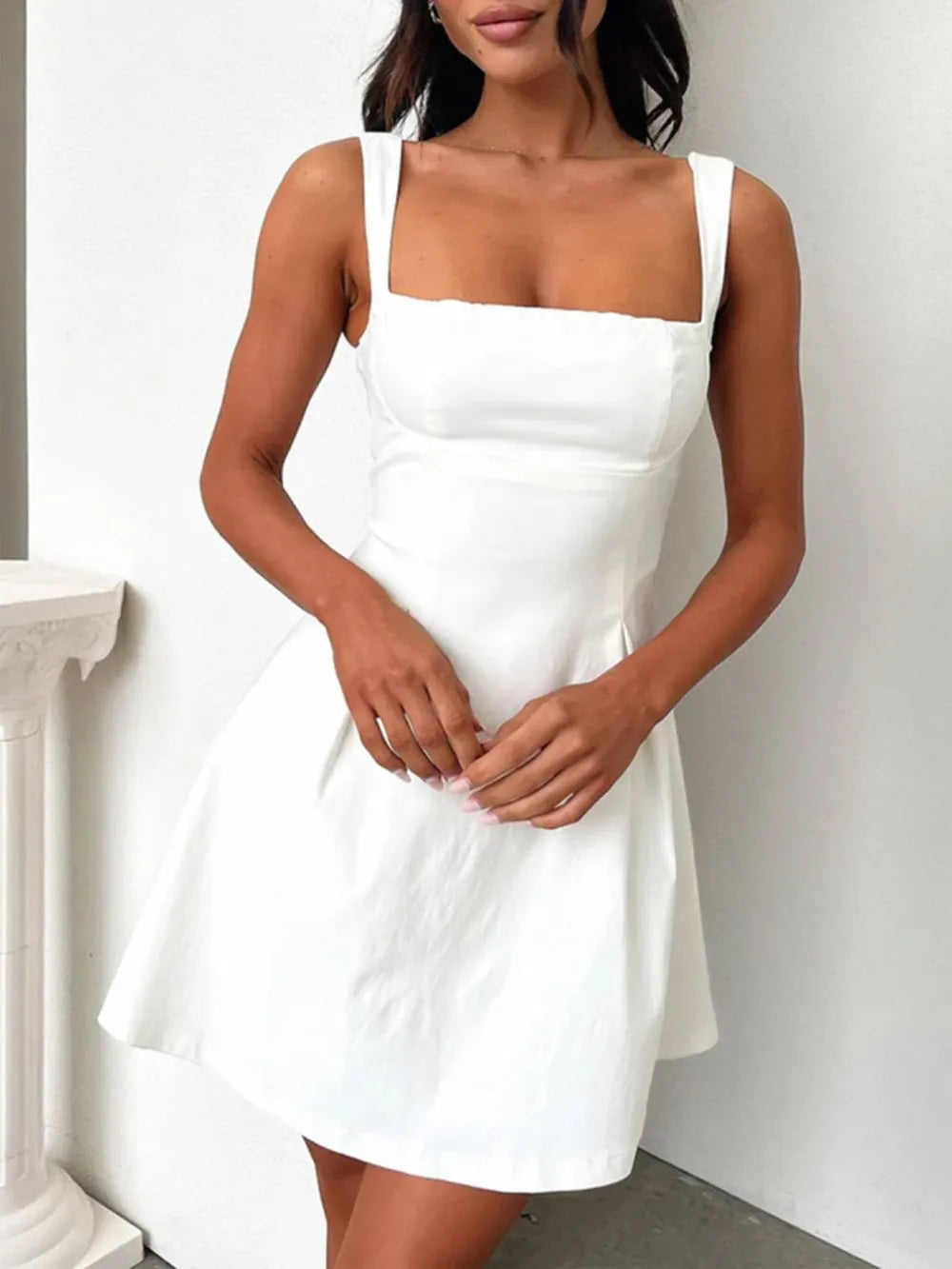 Devine Bow Back Square Neck Mini Dress White S