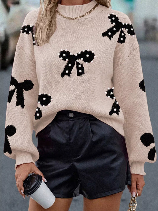 Pearl Embellished Bow Pattern Loose Sweater Dust Storm S