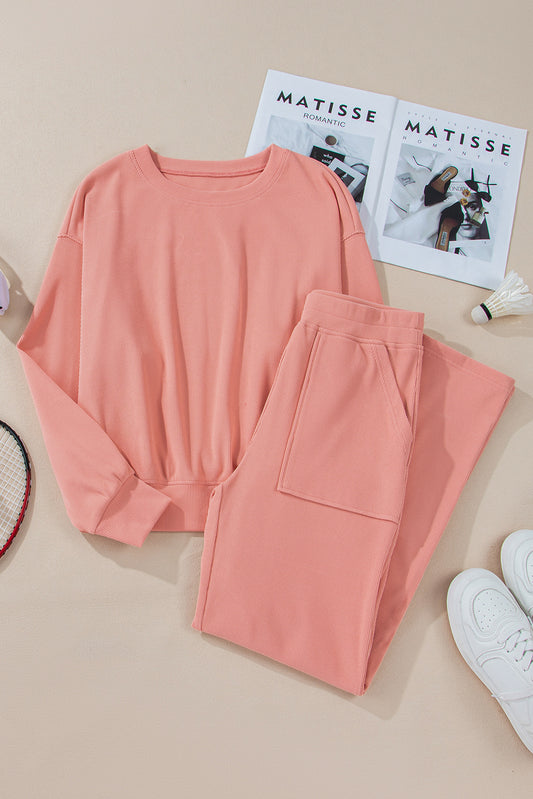 Blossom Ribbed Knit Drop Shoulder Pocketed Two Piece Lounge Set Blossom S
