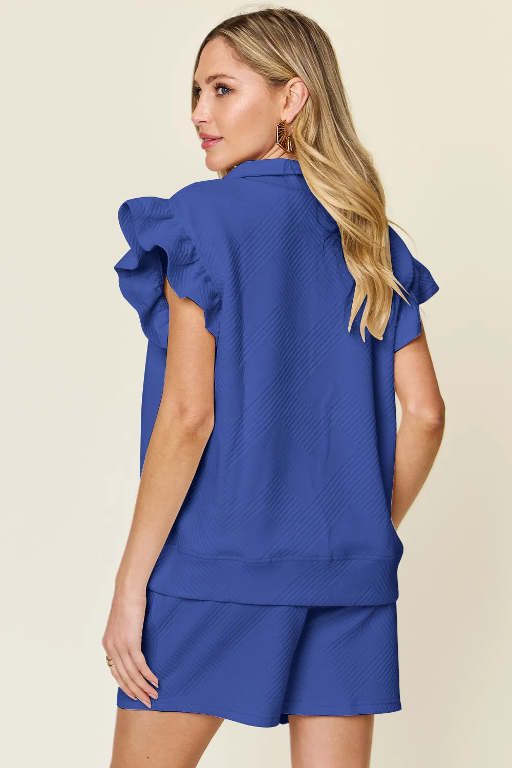 Texture Flounce Sleeve Top and Drawstring Shorts