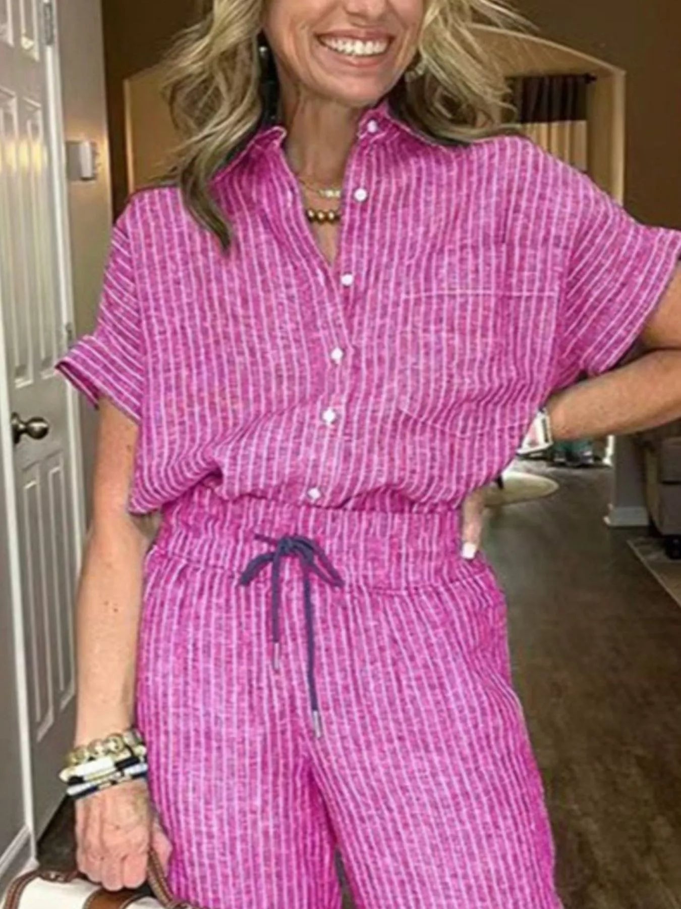 Striped Button-Up Shirt With Wide Leg Pants
