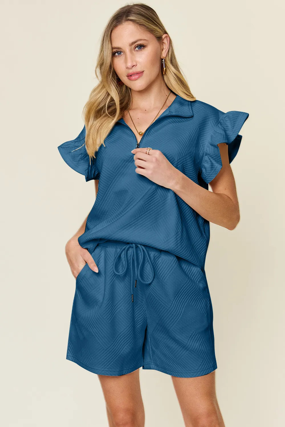 Texture Flounce Sleeve Top and Drawstring Shorts French Blue L
