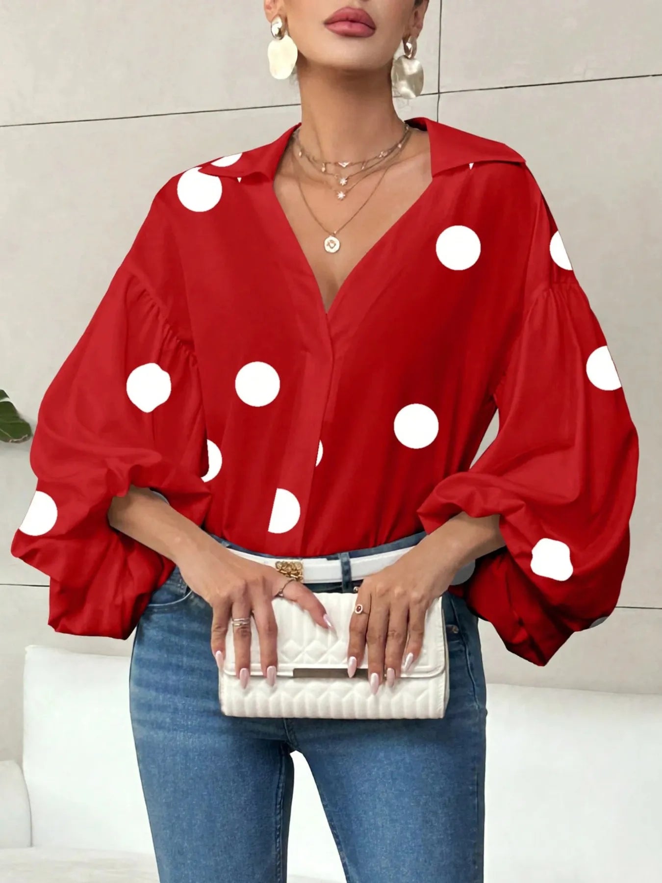 Polka Dot Balloon Sleeve Blouse Red Polka Dots S