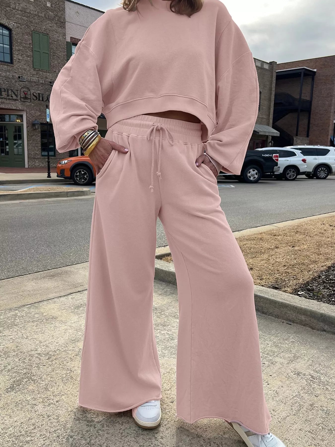 Drop Shoulder Puff Sleeve Crop Top and Drawstring Wide Leg Pants Set Dusty Pink S