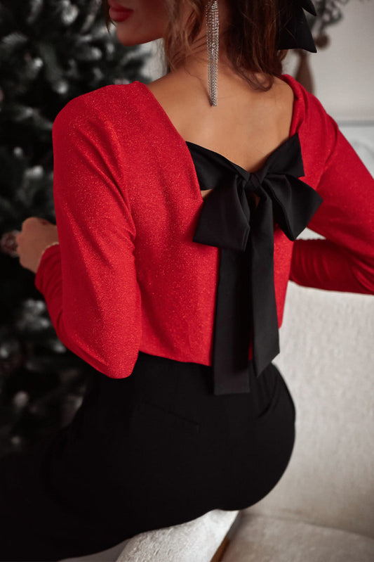Racing Red Metallic Bowknot Open Back V Neck Top Racing Red S 71.5%Polyamide+23.9%Metallized fibres+4.6%Elastane