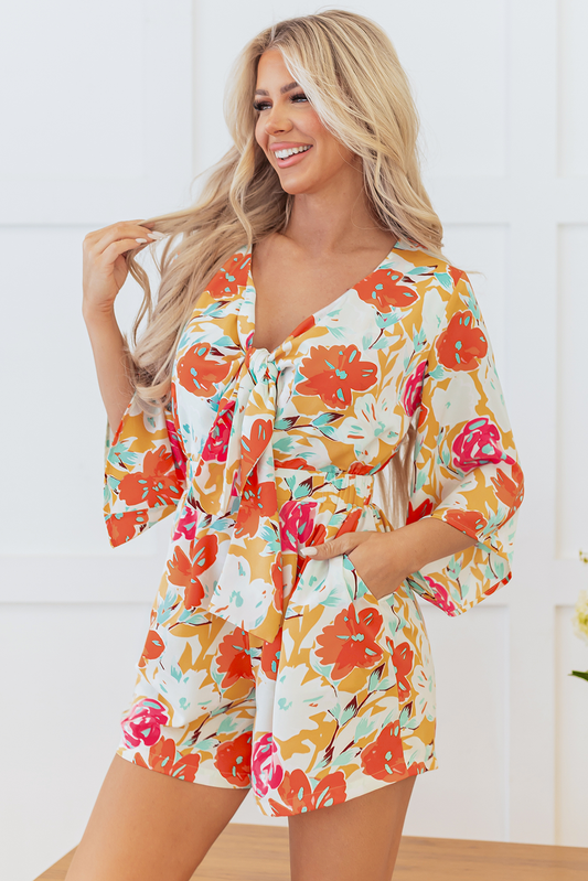 Orange Blooming Floral Print Front Tie Romper Orange S 100%Polyester