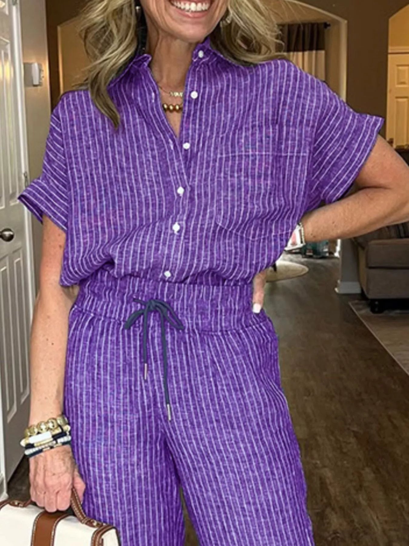 Striped Button-Up Shirt With Wide Leg Pants