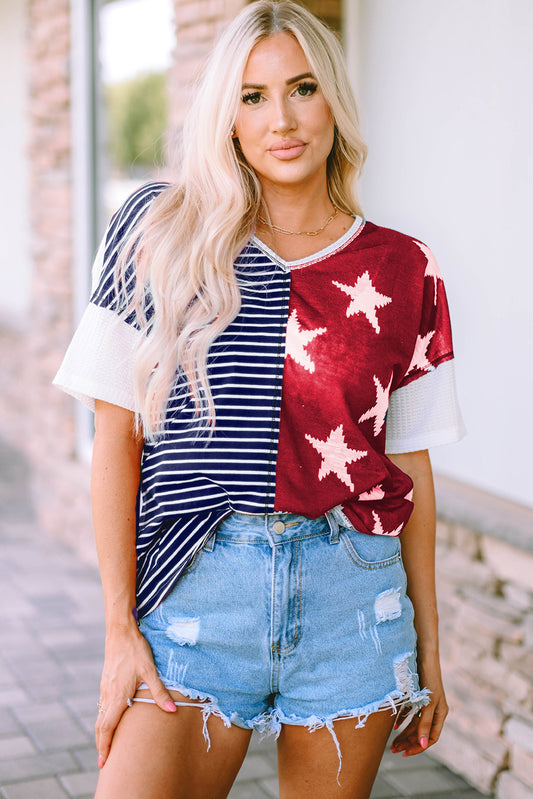 Blue Stripes Stars Print Knit Short Sleeves Top Blue S