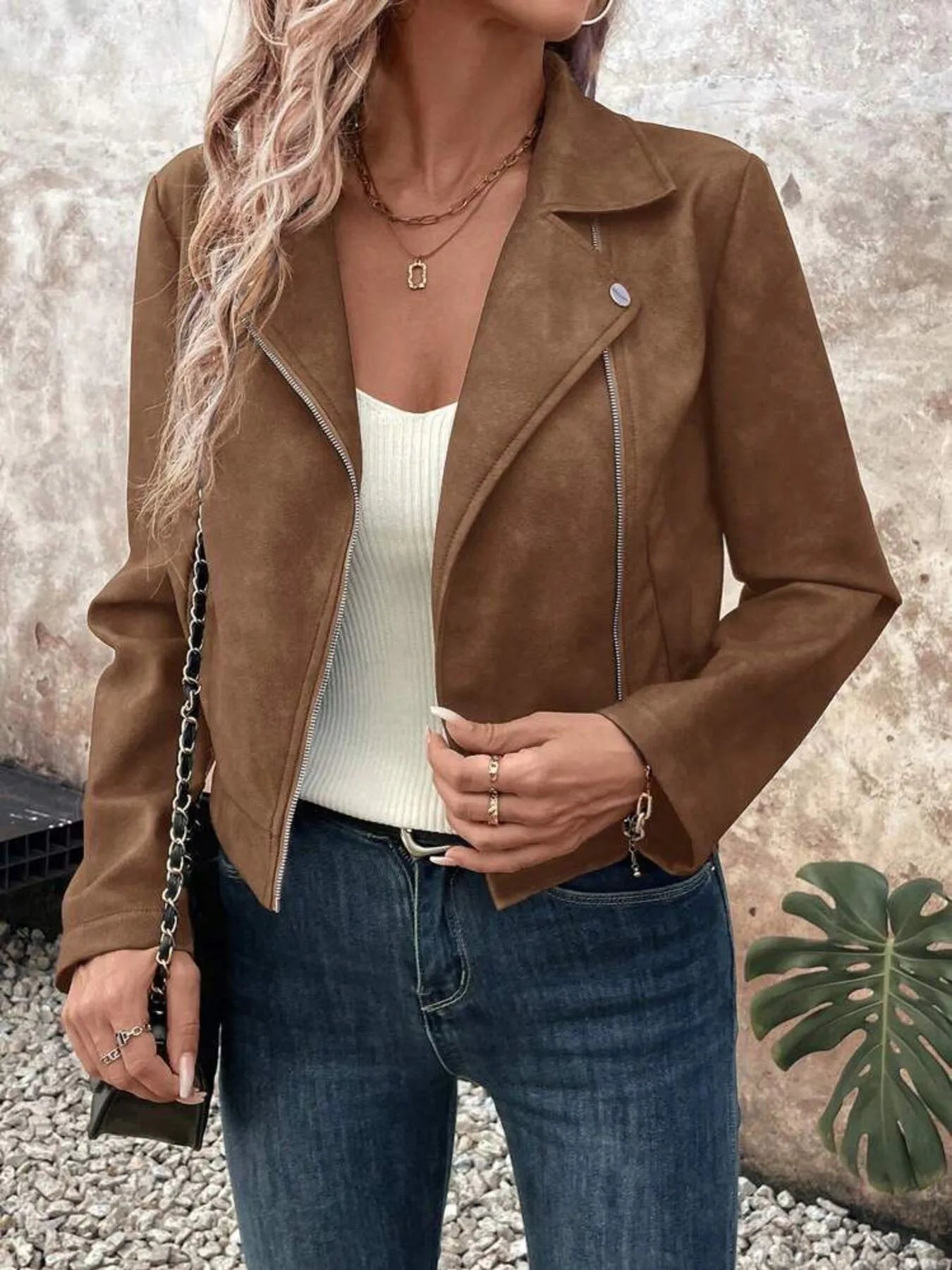 Zip Up Suede Cropped Moto Jacket Brown S