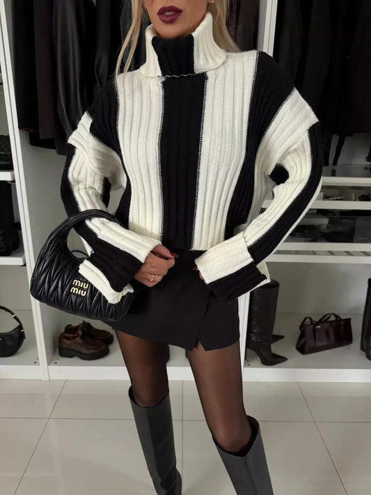 Color Block Ribbed Turtleneck Sweater Black S