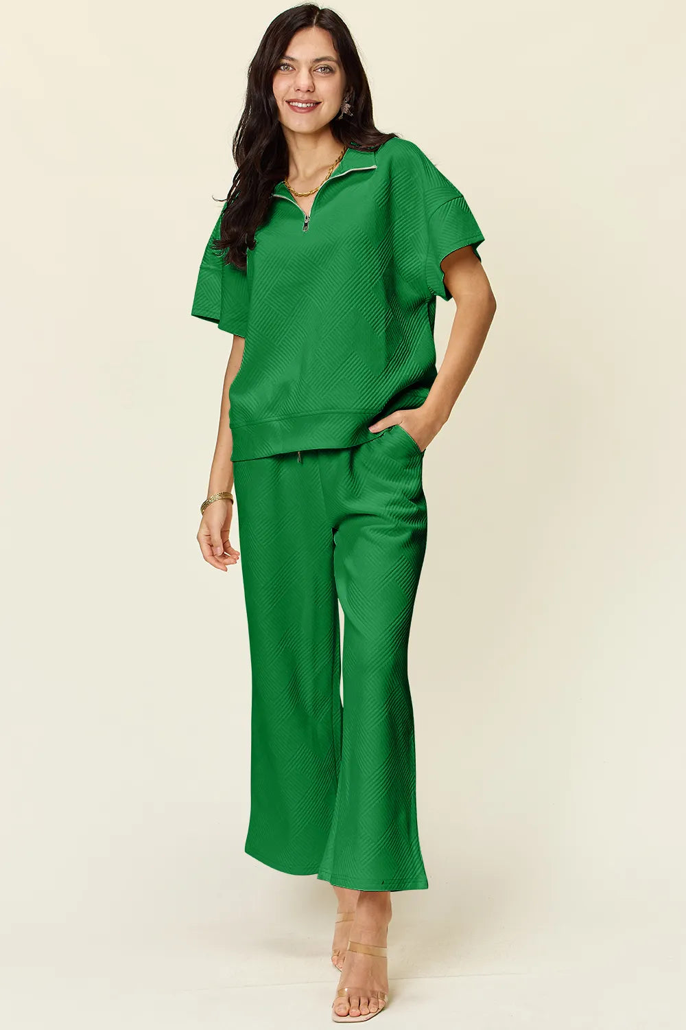 Double Take Full Size Texture Half Zip Short Sleeve Top and Pants Set Green L