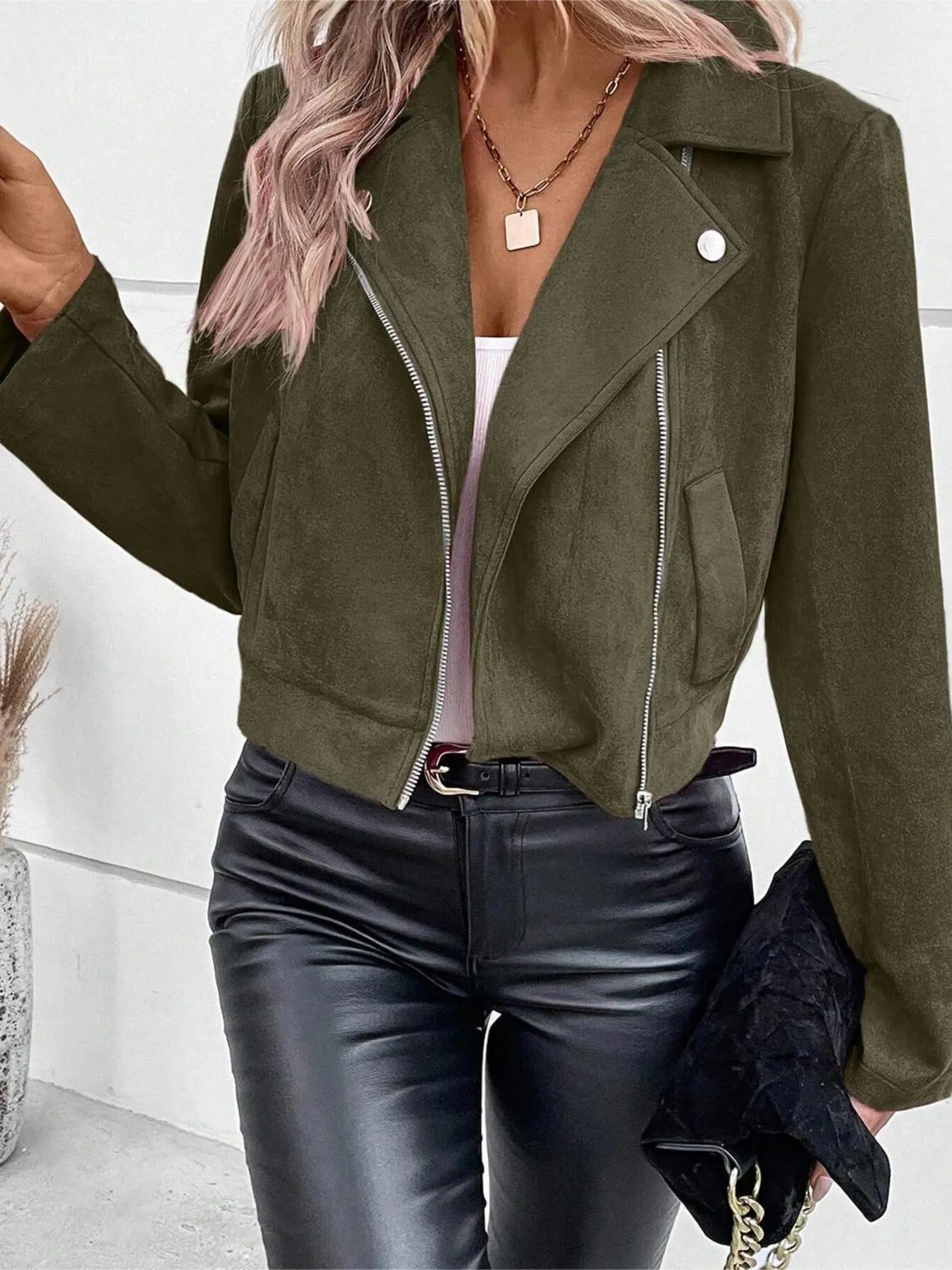 Zip Up Suede Cropped Moto Jacket