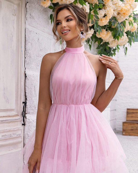 Halter Neck Backless Mesh Dress Blush Pink XS