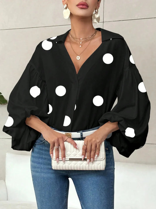 Polka Dot Balloon Sleeve Blouse Black Polka Dots S