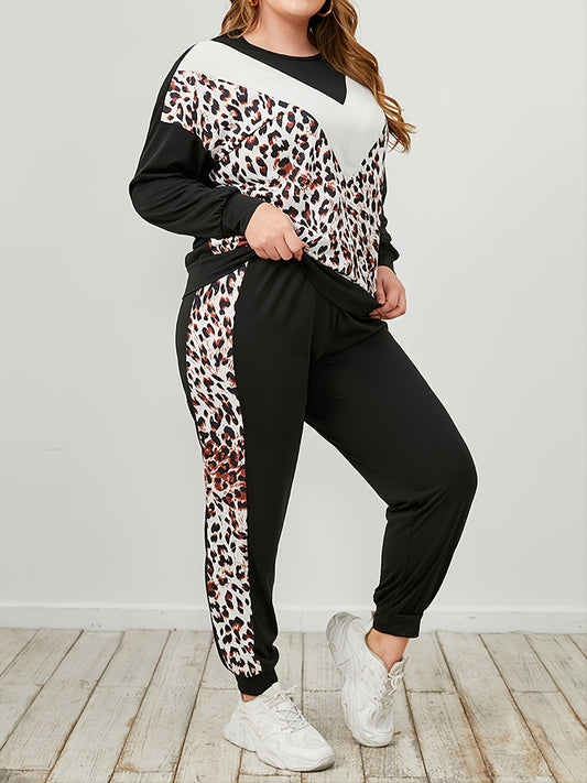 Plus Size Leopard Sweatshirt and Sweatpants Set Leopard 1XL