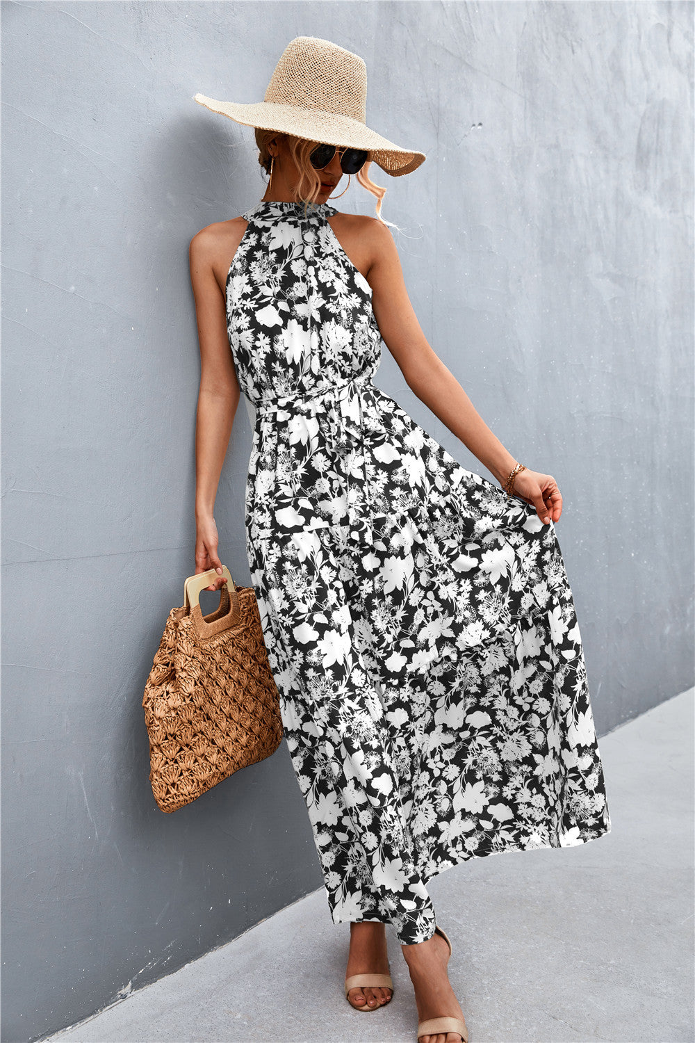 Printed Sleeveless Tie Waist Maxi Dress Black/White/Floral S