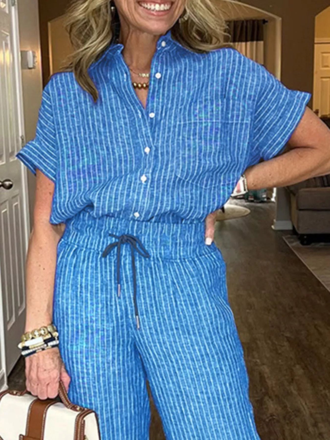 Striped Button-Up Shirt With Wide Leg Pants