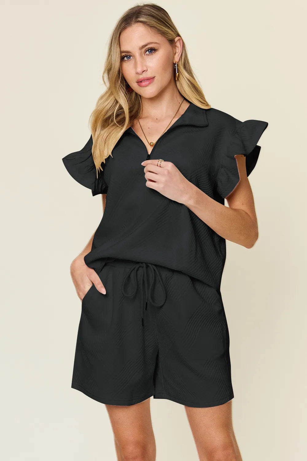 Texture Flounce Sleeve Top and Drawstring Shorts Black S
