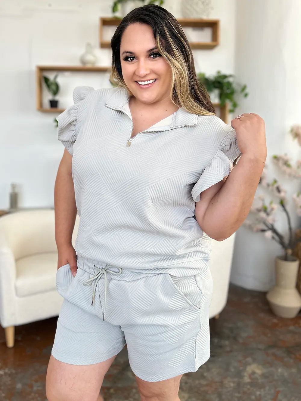 Texture Flounce Sleeve Top and Drawstring Shorts