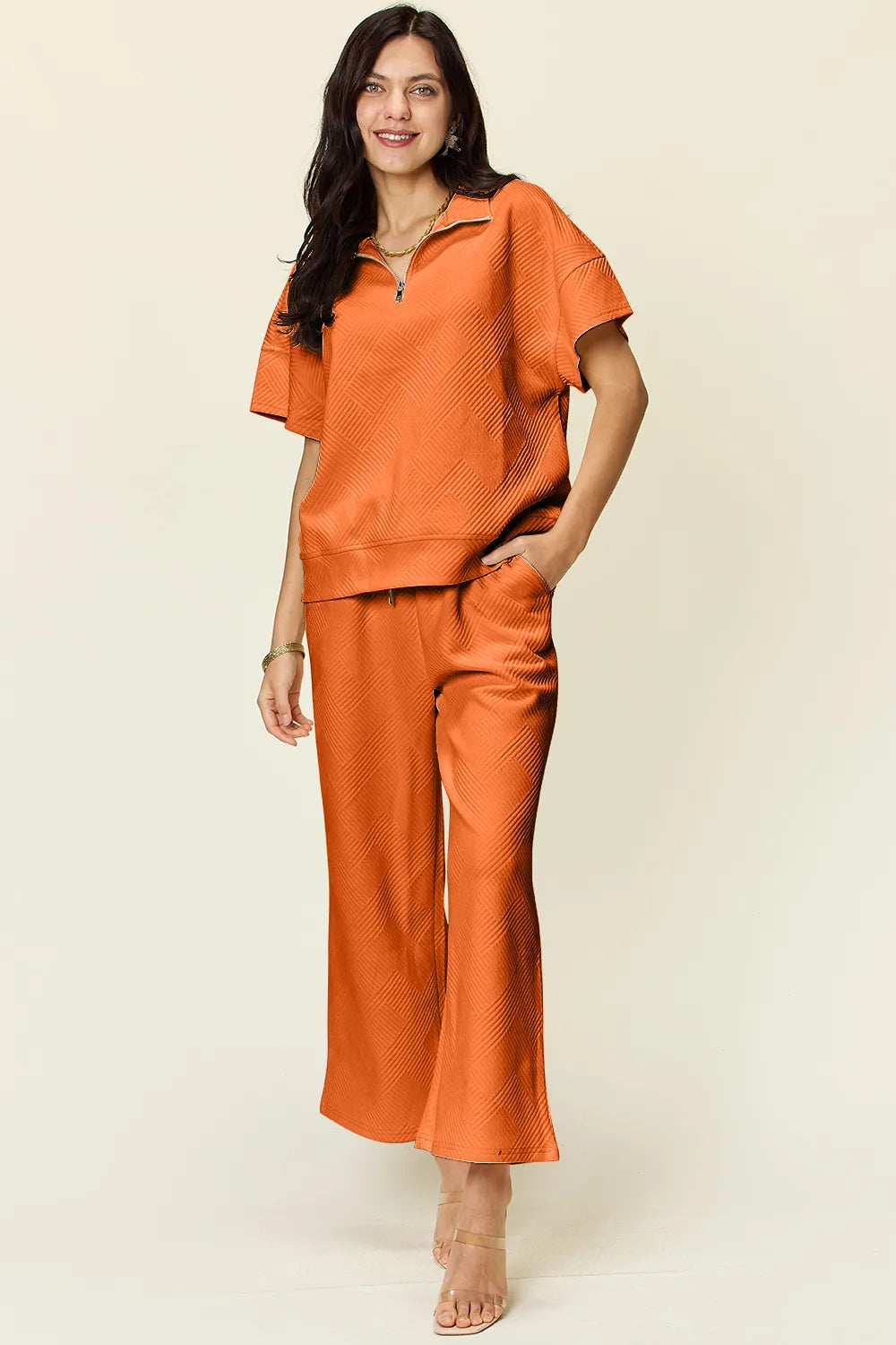 Double Take Full Size Texture Half Zip Short Sleeve Top and Pants Set Tangerine 3XL