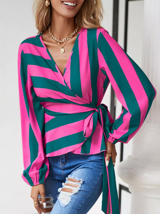 Striped Wrap Blouse with Tie Detail Hot Pink S
