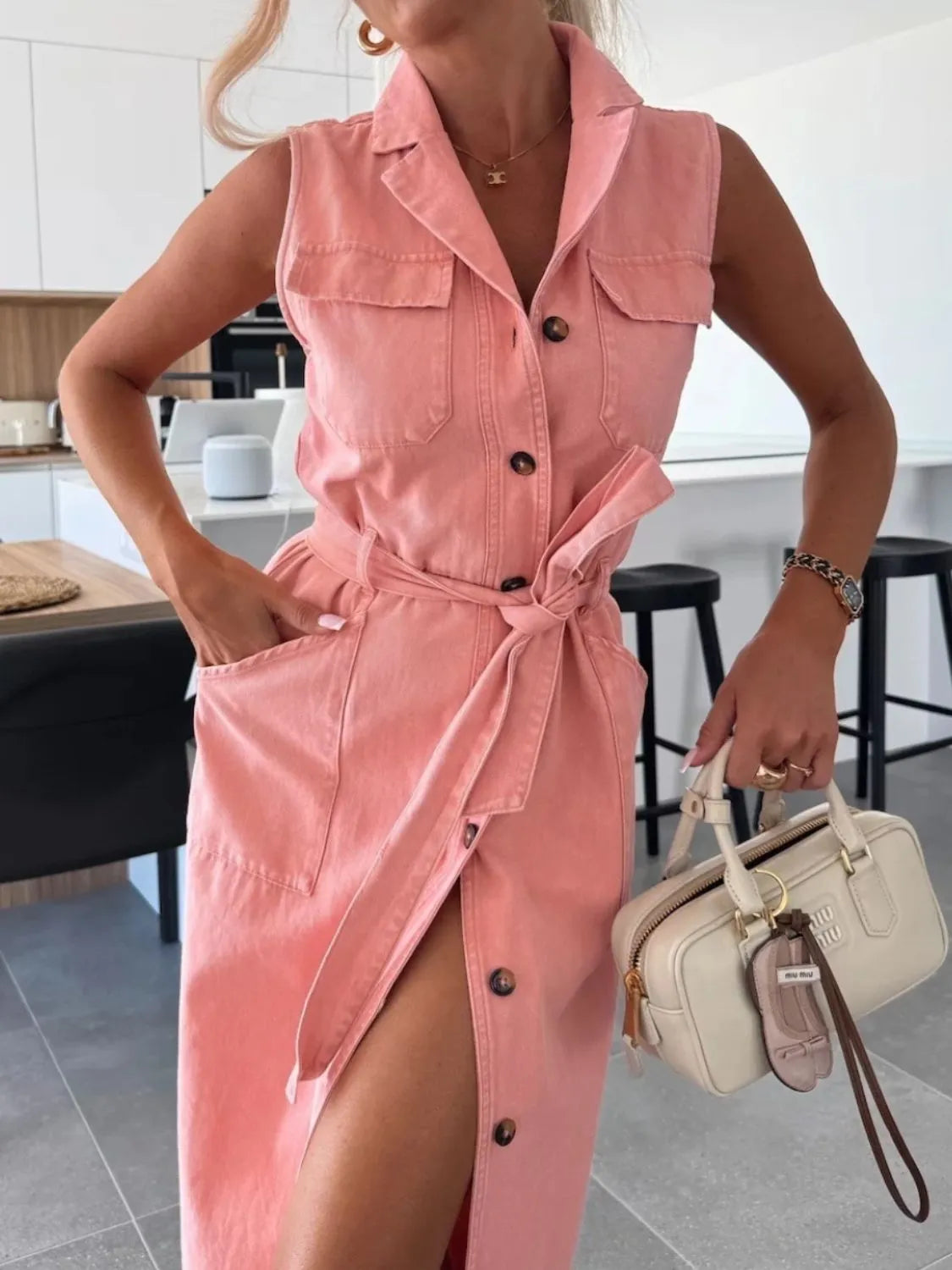 Button Front Sleeveless Denim Dress Burnt Coral S