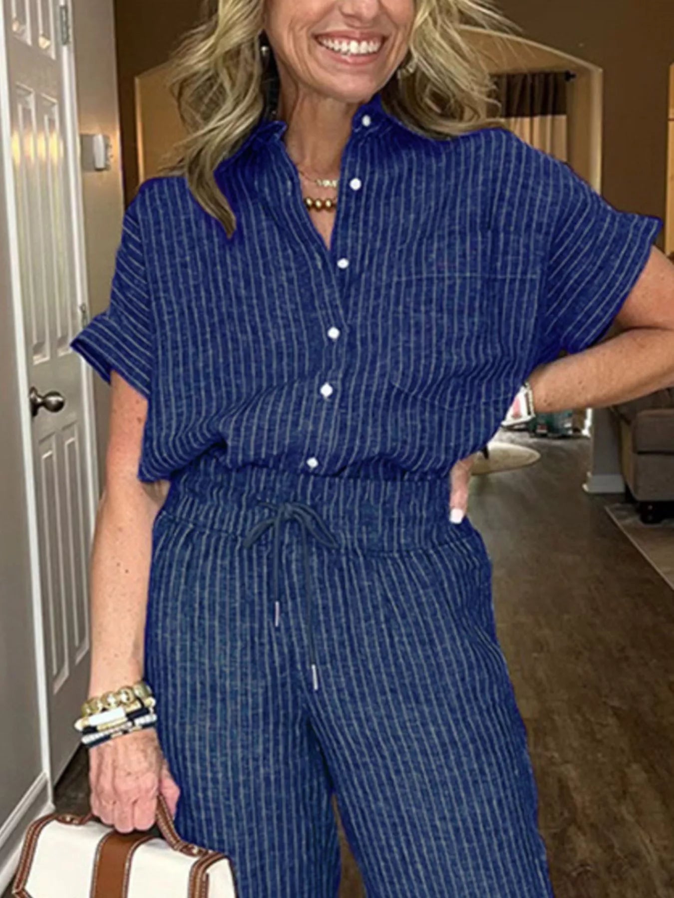 Striped Button-Up Shirt With Wide Leg Pants