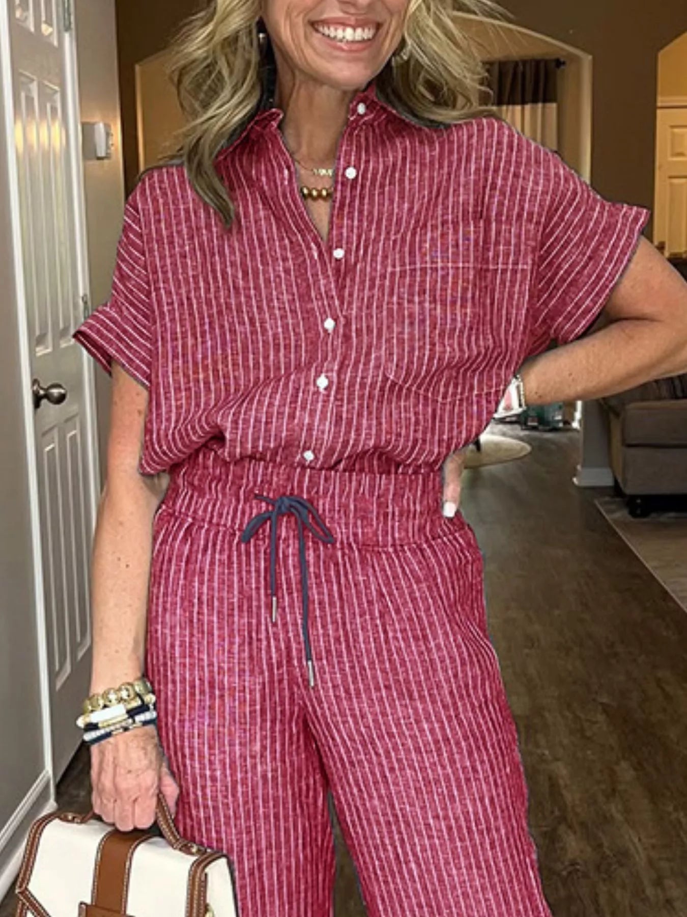 Striped Button-Up Shirt With Wide Leg Pants