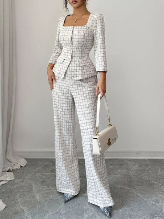 Plaid Square Neck Button Up Top and Pants Set Apricot S