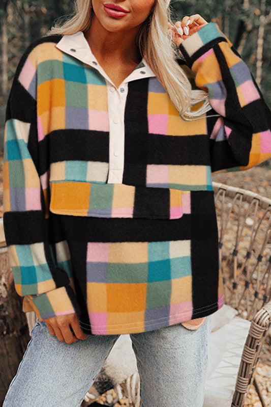 Black Plaid Print Pocketed Sweatshirt Black S 100%Polyester
