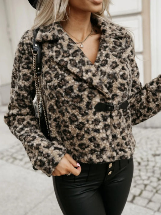 Fuzzy Animal Print Collared Neck Coat Leopard S